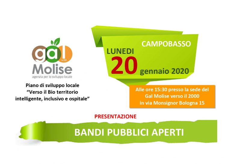 GAL Molise Verso il 2000 scrl – Piano di Sviluppo Locale “Verso il Bio territorio intelligente, inclusivo e ospitale” – Misura 19.2 del PSR Regione Molise 2014/2020. Presentazione bandi.﻿